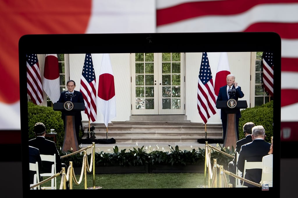US President Joe Biden and Japanese Prime Minister Yoshihide Suga are seen on a screen at their joint press conference at the White House last week. Photo: Xinhua