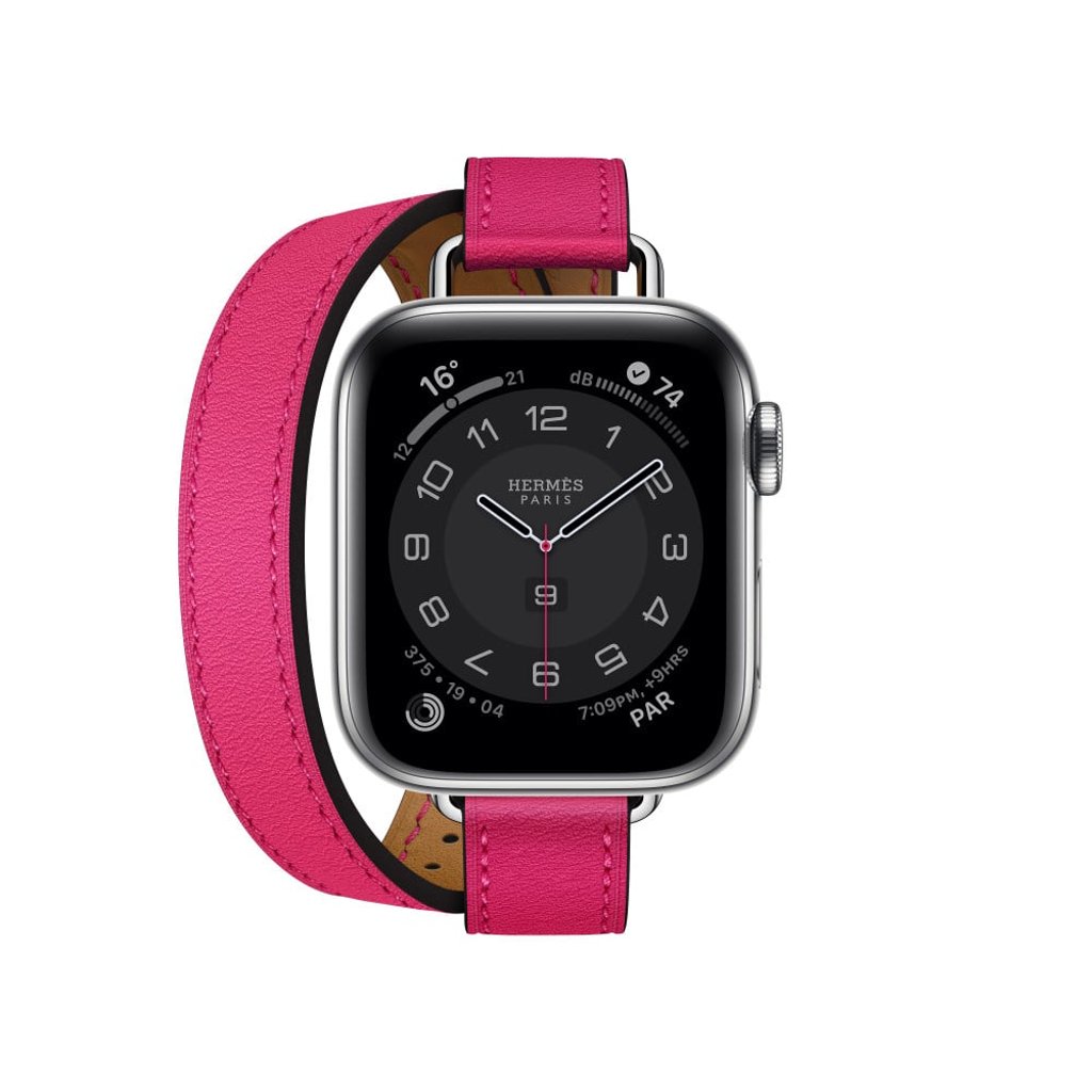 Apple Watch Hermès Series 6 with an attention-seeking Rose Mexico Swift calfskin double tour Attelage band. Photo: handout