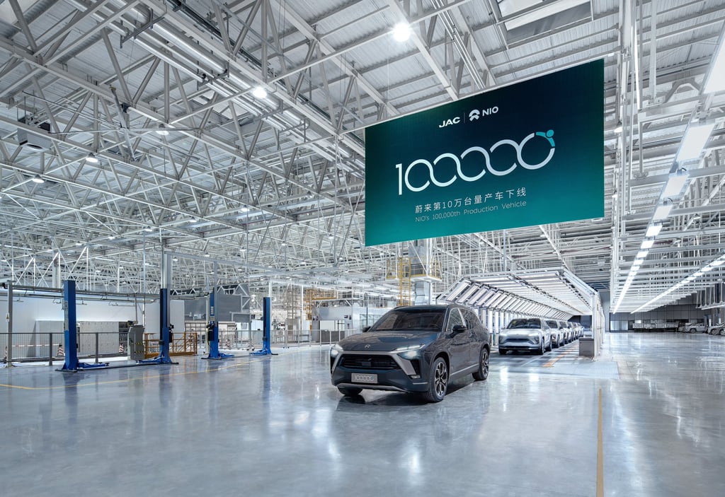 The 100,000th electric vehicle rolling off Nio’s production facility in the Anhui provincial capital of Hefei on April 7. Photo: SCMP The 100,000th electric vehicle rolling off Nio’s production facility in the Anhui provincial capital of Hefei on April 7. Photo: SCMP