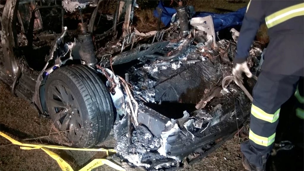 A heavily damaged Tesla vehicle is seen after it crashed in Texas on April 1. Photo: Scott J. Engle via Reuters