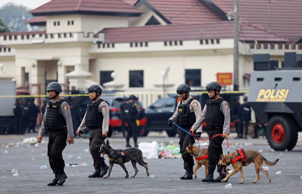 Policemen inside the Mobile Brigade headquarters after the hostage crisis in Depok in 2018. Photo: Reuters