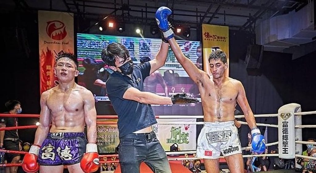 Indian-Hong Kong Muay Thai fighter Rehaan Lulla wins his bout at KF1 in ATV Studio in Tai Po in April. Photo: KC Lau