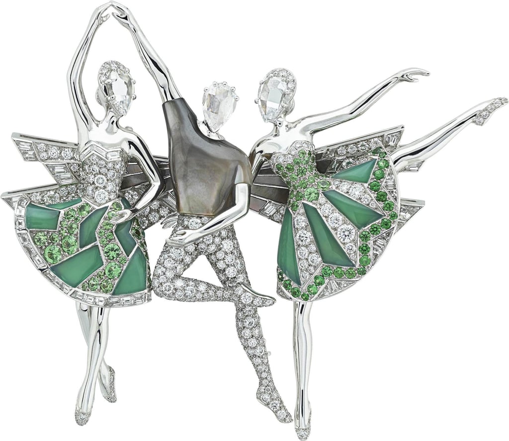 The Pas de Trois transformable clip is created with white gold, tsavorite garnets, chrysoprase, grey mother-of-pearl and diamonds. Photo: Van Cleef & Arpels The Pas de Trois transformable clip is created with white gold, tsavorite garnets, chrysoprase, grey mother-of-pearl and diamonds. Photo: Van Cleef & Arpels