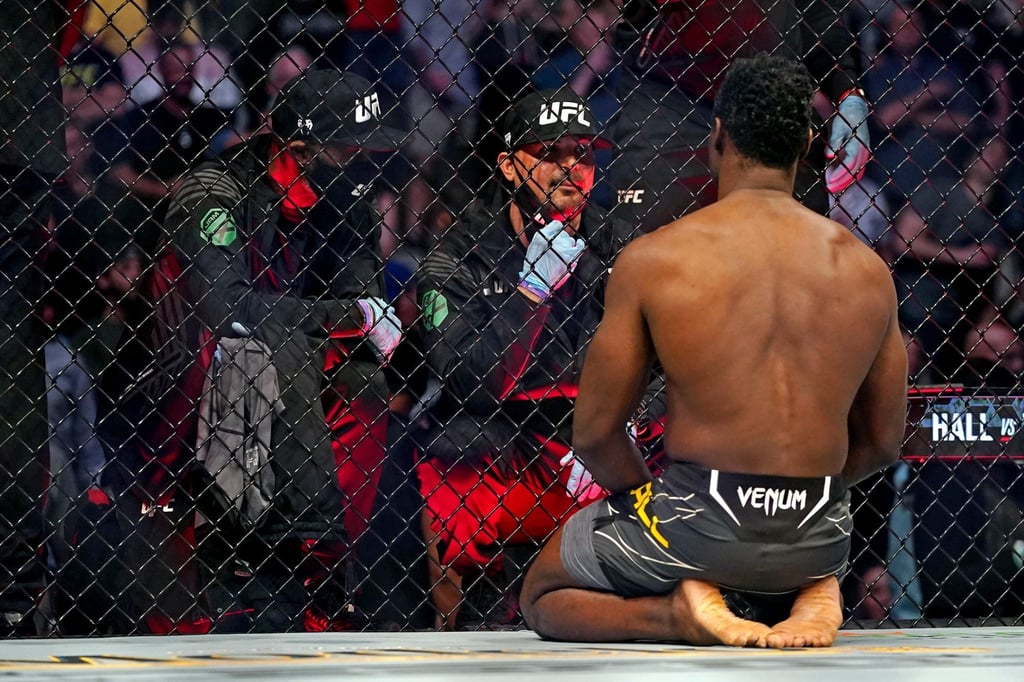 UFC middleweight contender Uriah Hall in the Octagon after Chris Weidman broke his leg on the first kick of their fight during UFC 261 at VyStar Veterans Memorial Arena in Jacksonville, Florida. Photo: USA Today
