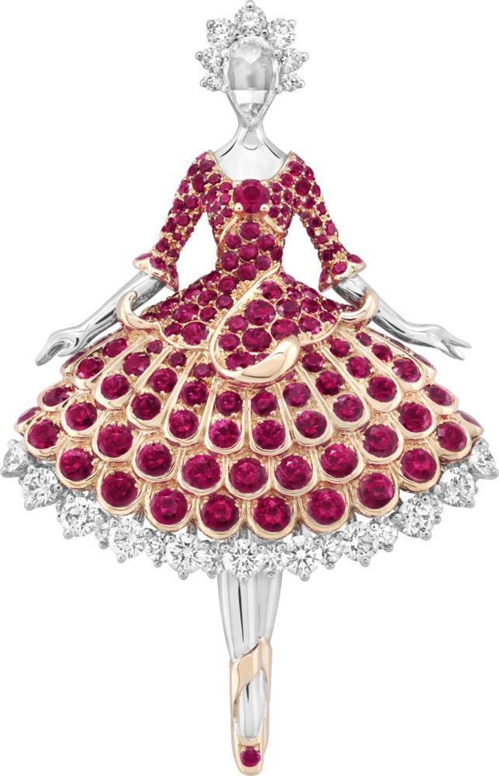 The red warbler ballerina clip is created with rose and white gold, rubies and diamonds. Photo: Van Cleef & Arpels The red warbler ballerina clip is created with rose and white gold, rubies and diamonds. Photo: Van Cleef & Arpels
