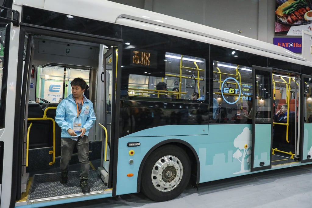 The city’s first zero-emissions electric bus is displayed at the AsiaWorld-Expo in 2018. Photo: Nora Tam