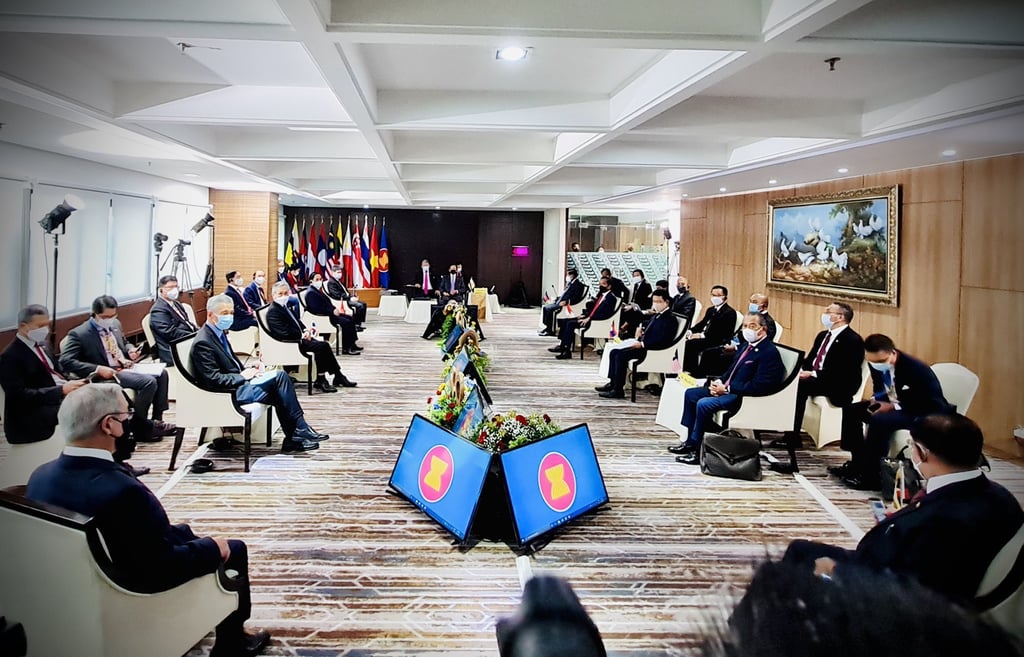 Leaders of the Association of Southeast Asian Nations meet to discuss the situation in Myanmar at the Asean secretariat in Jakarta, Indonesia, on Saturday. Photo: Handout via Xinhua Leaders of the Association of Southeast Asian Nations meet to discuss the situation in Myanmar at the Asean secretariat in Jakarta, Indonesia, on Saturday. Photo: Handout via Xinhua