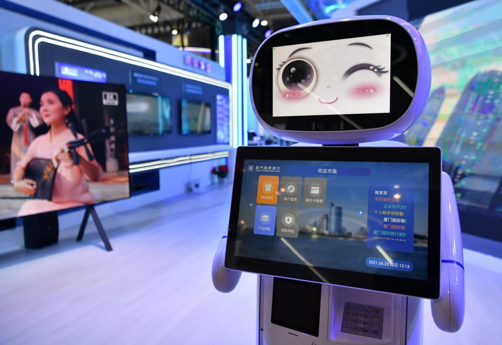 A robot from the Xiamen International Bank is seen at the digital achievements exhibition during the fourth Digital China Summit held in Fuzhou, capital of southeastern Fujian Province, on April 25, 2021. The two-day summit, which kicked off on Sunday, exhibited breakthroughs and innovations in China’s digital economy. Photo: Xinhua A robot from the Xiamen International Bank is seen at the digital achievements exhibition during the fourth Digital China Summit held in Fuzhou, capital of southeastern Fujian Province, on April 25, 2021. The two-day summit, which kicked off on Sunday, exhibited breakthroughs and innovations in China’s digital economy. Photo: Xinhua