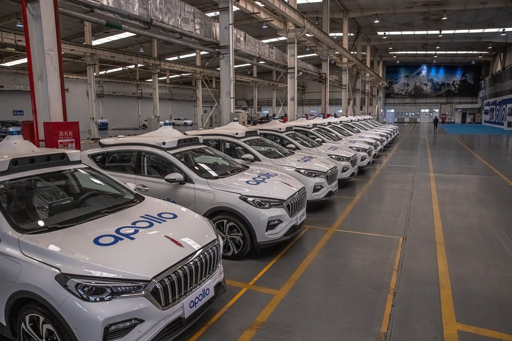 Self-driving cars parked at Baidu’s Apollo Park in Yizhuang, a suburb of Beijing, on April 26, 2021. Photo: EPA-EFE Self-driving cars parked at Baidu’s Apollo Park in Yizhuang, a suburb of Beijing, on April 26, 2021. Photo: EPA-EFE