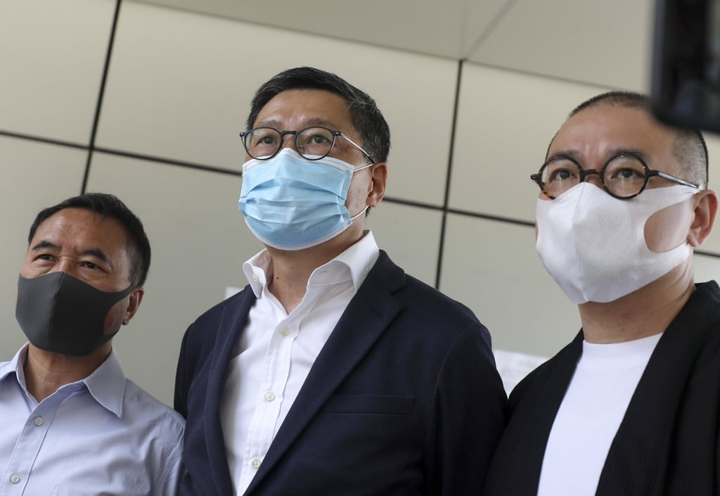 Chan Kin-man (centre), along with Lee Wing-tat (left) and Shiu Ka-chun (right) speak to the press after receiving their verdict on Friday. Photo: Xiaomei Chen Chan Kin-man (centre), along with Lee Wing-tat (left) and Shiu Ka-chun (right) speak to the press after receiving their verdict on Friday. Photo: Xiaomei Chen