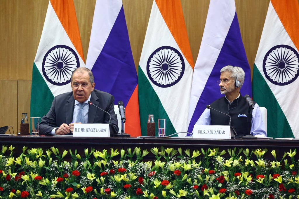 Russian Foreign Minister Sergei Lavrov and his Indian counterpart Subrahmanyam Jaishankar at a meeting in New Delhi in April 2021. Photo: Reuters Russian Foreign Minister Sergei Lavrov and his Indian counterpart Subrahmanyam Jaishankar at a meeting in New Delhi in April 2021. Photo: Reuters