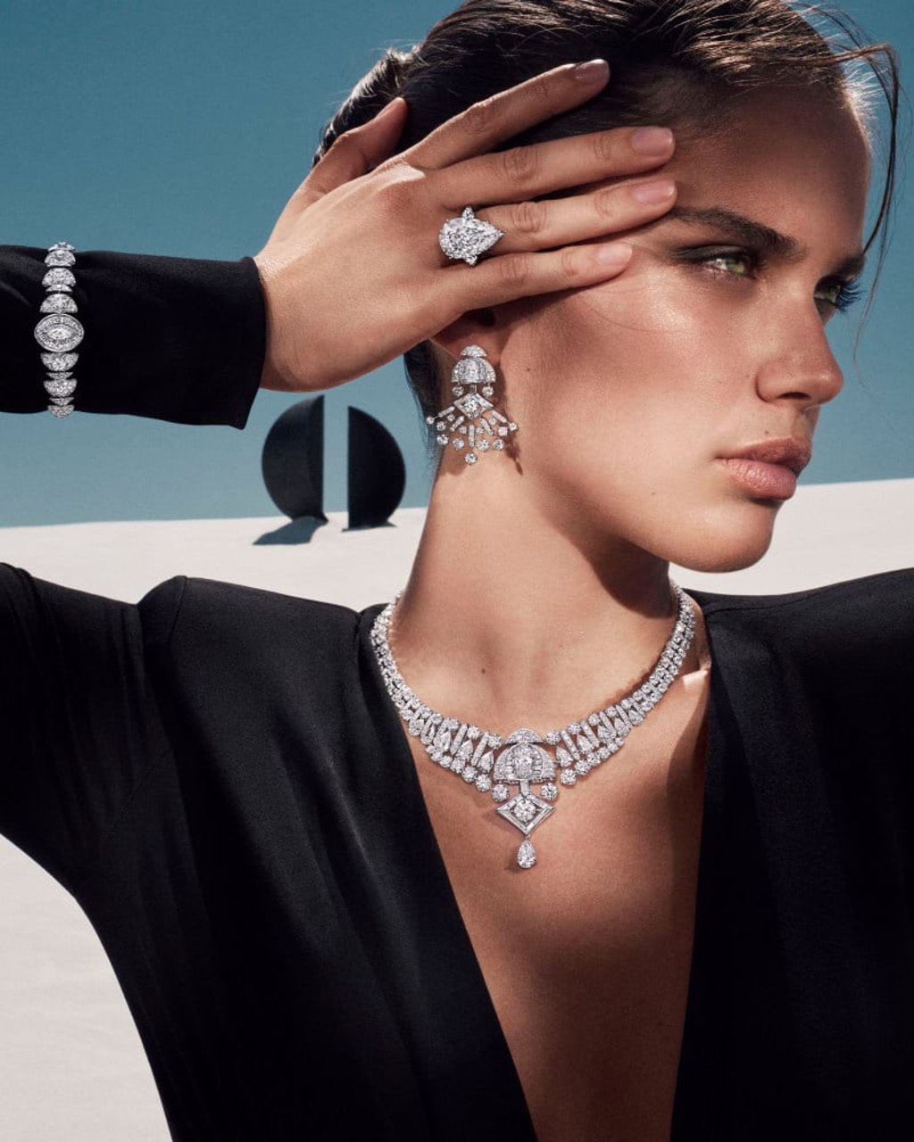 A 46 carat diamond necklace, a pair of 13 carat diamond earrings, a 12 carat diamond bracelet and a 15.07 carat pear-shaped diamond ring from Graff’s Tribal collection. Photo: Graff A 46 carat diamond necklace, a pair of 13 carat diamond earrings, a 12 carat diamond bracelet and a 15.07 carat pear-shaped diamond ring from Graff’s Tribal collection. Photo: Graff