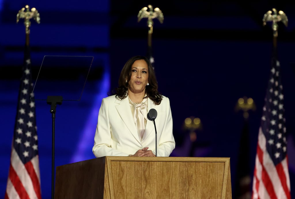 Vice-president-elect Kamala Harris speaks on stage after her and Joe Biden won the presidential election. Since that moment her KHive has grown even more vocal. Photo: Getty Images Vice-president-elect Kamala Harris speaks on stage after her and Joe Biden won the presidential election. Since that moment her KHive has grown even more vocal. Photo: Getty Images