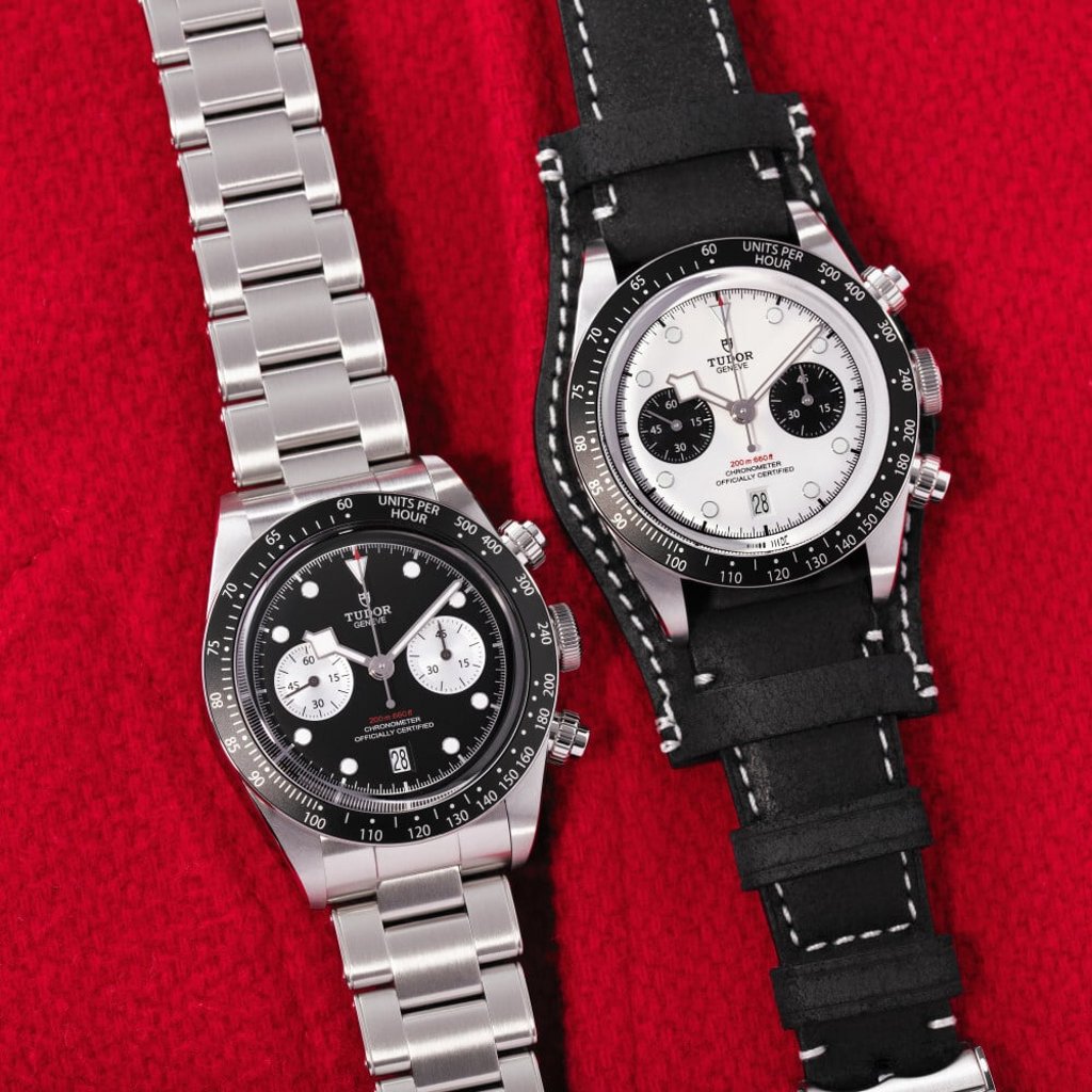 Tudor’s 2021 Black Bay Chrono in either white opaline or matt black. Photo: Tudor