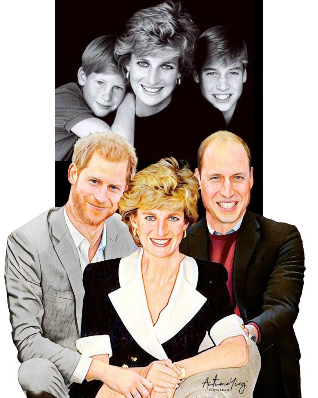 Princes Harry (left) and William then and now, with mother Princess Diana, as imagined by Singaporean artist Autumn Ying. Photo: @autumn.ying/Instagram