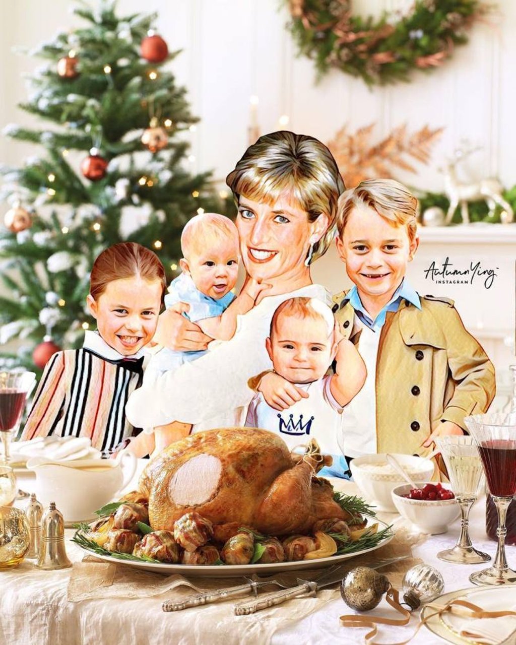 Princess Diana with her grandchildren, from left, Princess Charlotte, Archie, Prince Louis and Prince George, as imagined by Singaporean artist Autumn Ying. Photo: @autumn.ying/Instagram