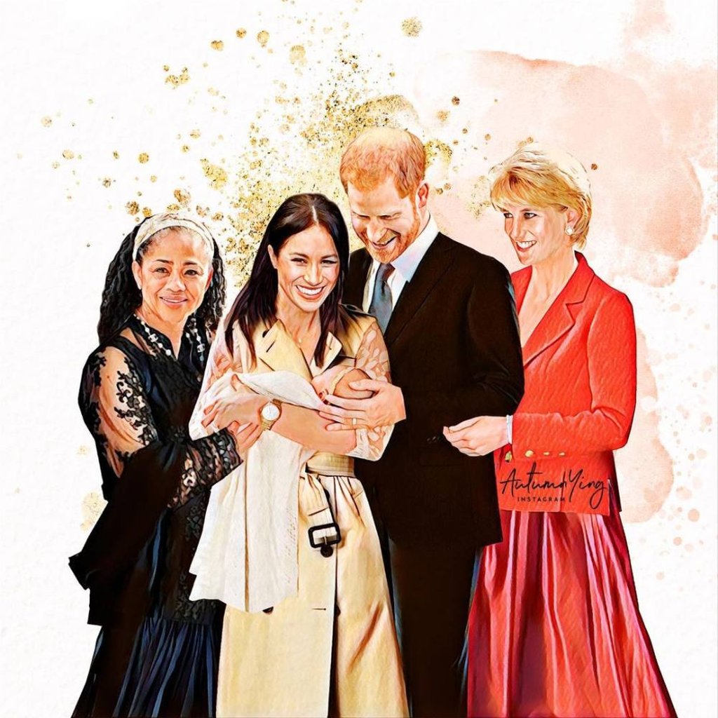 Meghan Markle with her mother, Doria Ragland, and Prince Harry with his, Princess Diana, as imagined by Singaporean artist Autumn Ying. Photo: @autumn.ying/Instagram