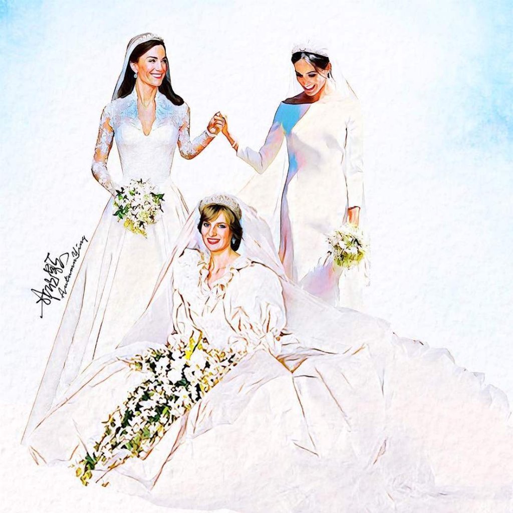 A trio of brides, with the Duchesses of Cambridge and Sussex flanking Princess Diana, as imagined by Singaporean artist Autumn Ying. Photo: @autumn.ying/Instagram