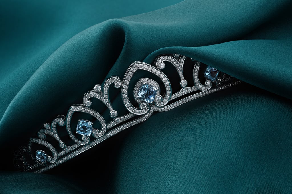 Garrard’s 18 karat white gold Catherine tiara from the Princess Tiara collection is set with round white diamonds and cushion cut aquamarines. Photo: Garrard Garrard’s 18 karat white gold Catherine tiara from the Princess Tiara collection is set with round white diamonds and cushion cut aquamarines. Photo: Garrard