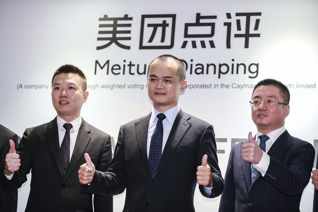 Online food delivery service platform Meituan-Dianping’s senior management, from left: chief financial officer and senior vice-president, Chen Shaohui; co-founder, chairman and chief executive officer, Wang Xing; and co-founder and senior vice-president, Wang Huiwen, before the company’s global offering investor lunch presentation at the Grand Hyatt Hotel in Wan Chai, Hong Kong in September 2018. Photo: SCMP Online food delivery service platform Meituan-Dianping’s senior management, from left: chief financial officer and senior vice-president, Chen Shaohui; co-founder, chairman and chief executive officer, Wang Xing; and co-founder and senior vice-president, Wang Huiwen, before the company’s global offering investor lunch presentation at the Grand Hyatt Hotel in Wan Chai, Hong Kong in September 2018. Photo: SCMP