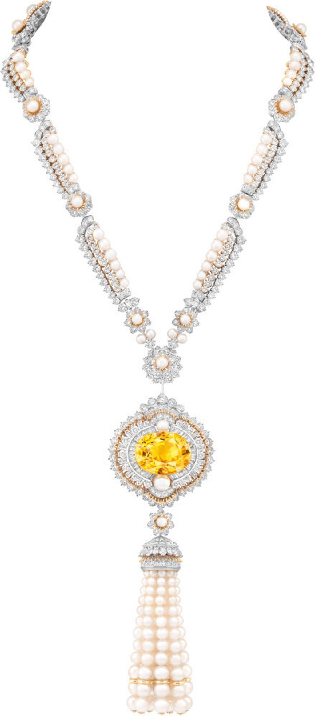 The Hélios long necklace, adorned with one oval-cut yellow sapphire of 50.38 carats is named after the sun god of Greek mythology. Photo: Van Cleef & Arpels