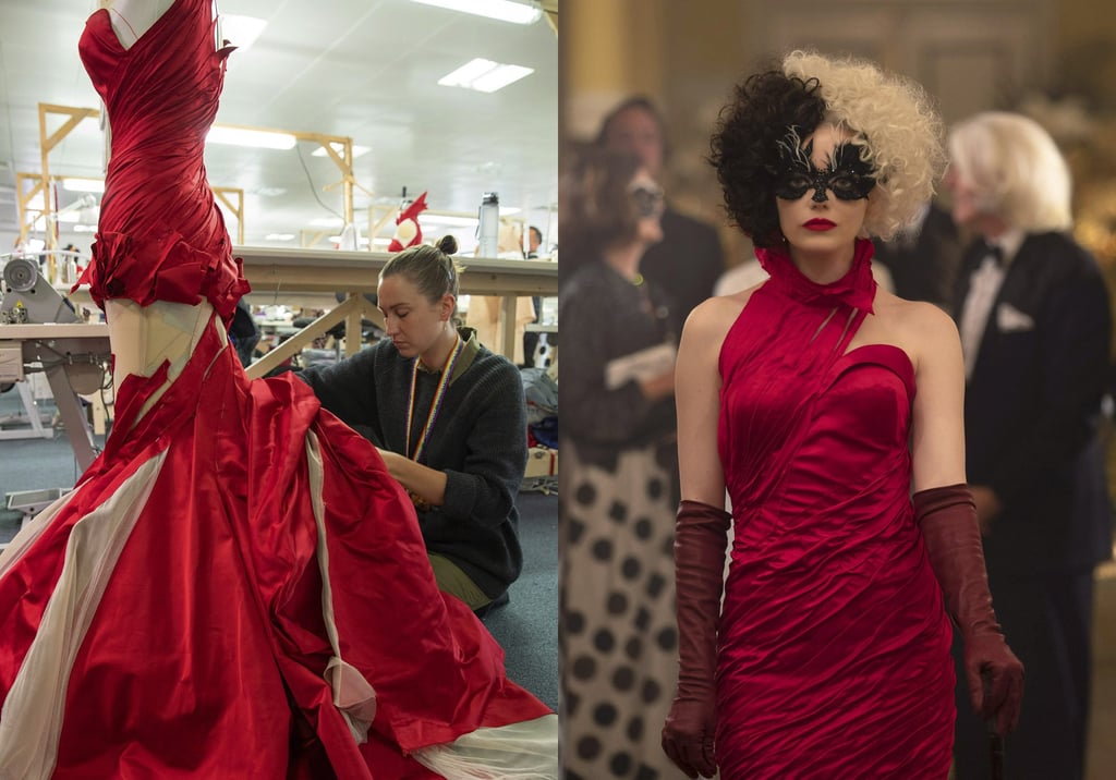 Left, a seamstress works on a costume for the film Cruella, and right, Emma Stone wears that same costume in a scene from the film, which featured costumes designed by Oscar-winning designer Jenny Beavan. Photo: Disney via AP