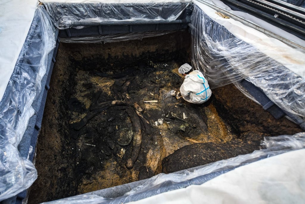 An archeologist cleans up ivory relics found at the Sanxingdui ruins site, about 50km southwest of Baodun Ancient Town. Photo: Xinhua An archeologist cleans up ivory relics found at the Sanxingdui ruins site, about 50km southwest of Baodun Ancient Town. Photo: Xinhua