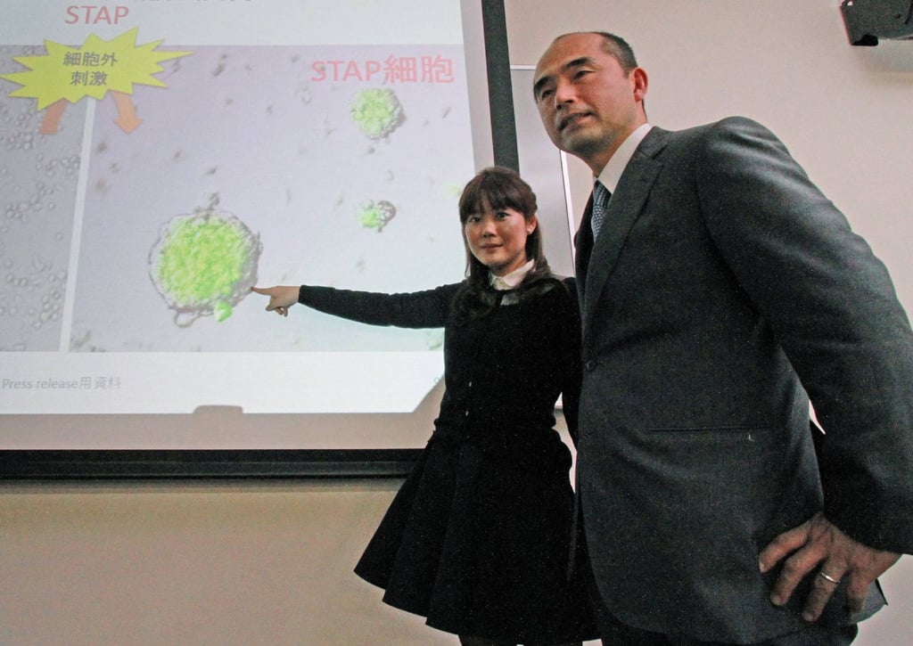 Japanese researcher Haruko Obokata, left, of the Japan-based Riken Institute and Yamanashi University professor Teruhiko Wakayama. Photo: AFP