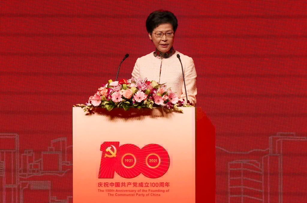Chief Executive Carrie Lam delivers remarks at the forum. In a rare move, she highlighted both the role of the central government and the party in Hong Kong’s progress. Photo: Nora Tam Chief Executive Carrie Lam delivers remarks at the forum. In a rare move, she highlighted both the role of the central government and the party in Hong Kong’s progress. Photo: Nora Tam