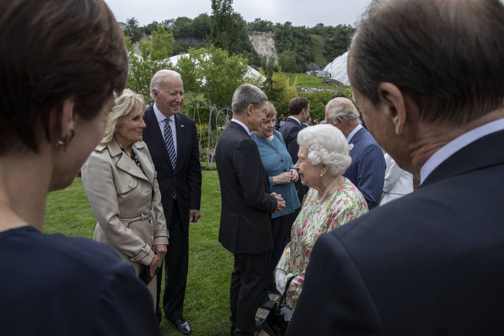Britain’s Queen Elizabeth speaks to US President Joe Biden and First Lady Jill Biden at a reception for the G7 leaders at the Eden Project in Cornwall, England, on June 11, during the G7 summit. Photo: Pool via AP Britain’s Queen Elizabeth speaks to US President Joe Biden and First Lady Jill Biden at a reception for the G7 leaders at the Eden Project in Cornwall, England, on June 11, during the G7 summit. Photo: Pool via AP