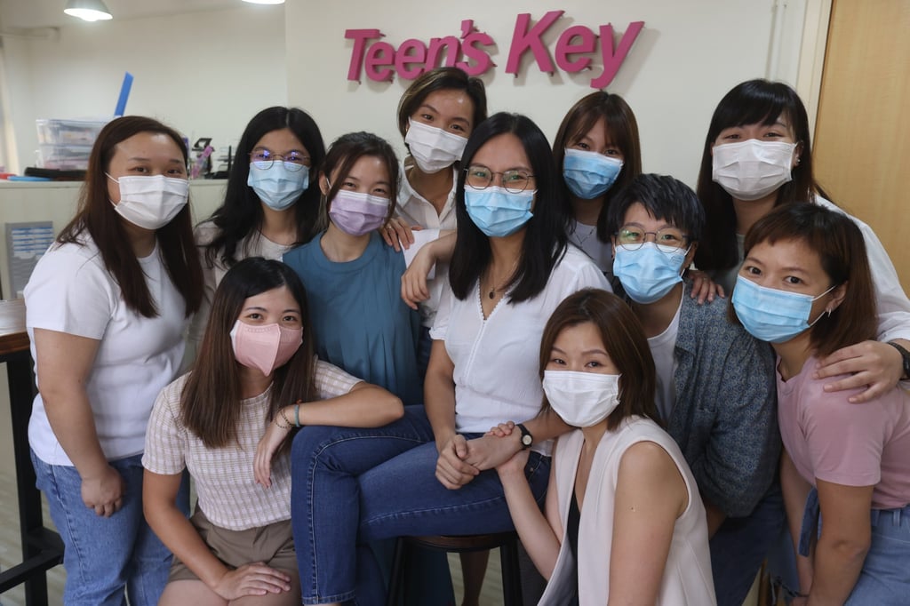 Bowie Lam (centre) and her colleagues at Teen’s Key - Young Women Development Network, in Mong Kok. Photo: K. Y. Cheng Bowie Lam (centre) and her colleagues at Teen’s Key - Young Women Development Network, in Mong Kok. Photo: K. Y. Cheng