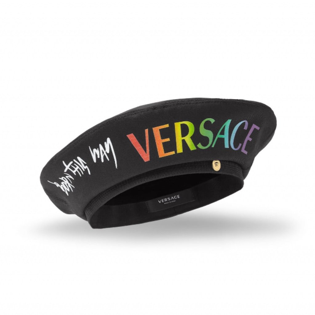 Versace x Born This Way Foundation black beret hat. Photo: Versace Versace x Born This Way Foundation black beret hat. Photo: Versace