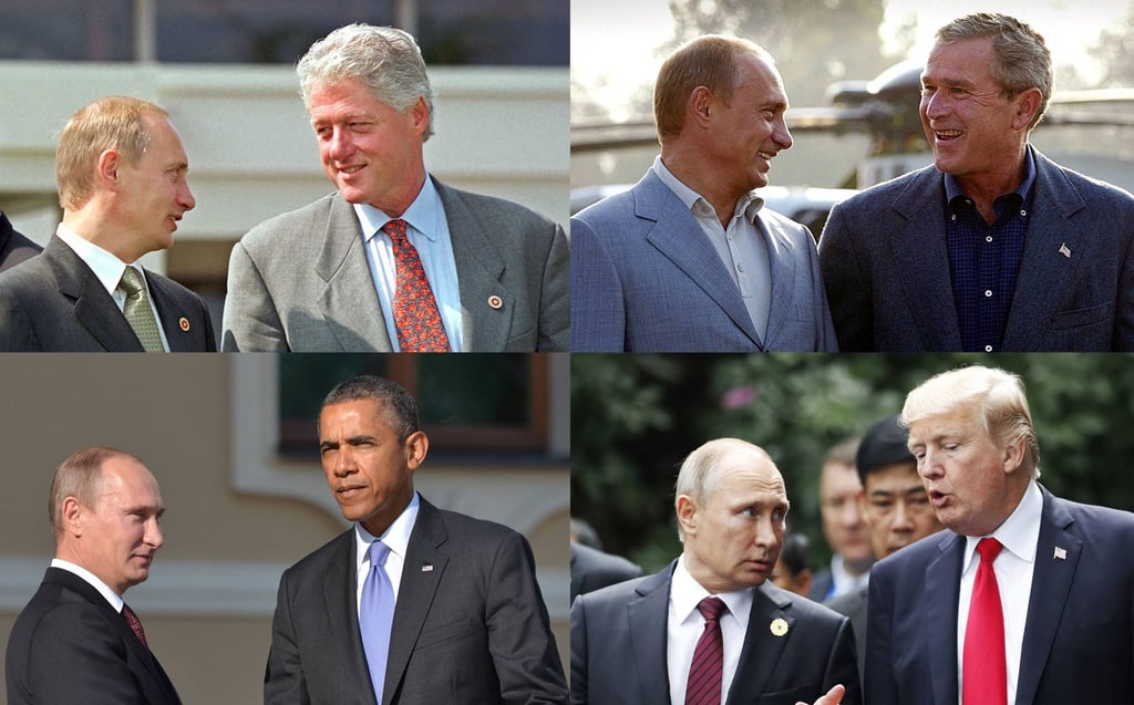 Vladimir Putin meeting US presidents throughout the years: (from top left) Bill Clinton in 2000, George W. Bush in 2003, Barack Obama in 2013 and Donald Trump in 2017. File photos: AFP