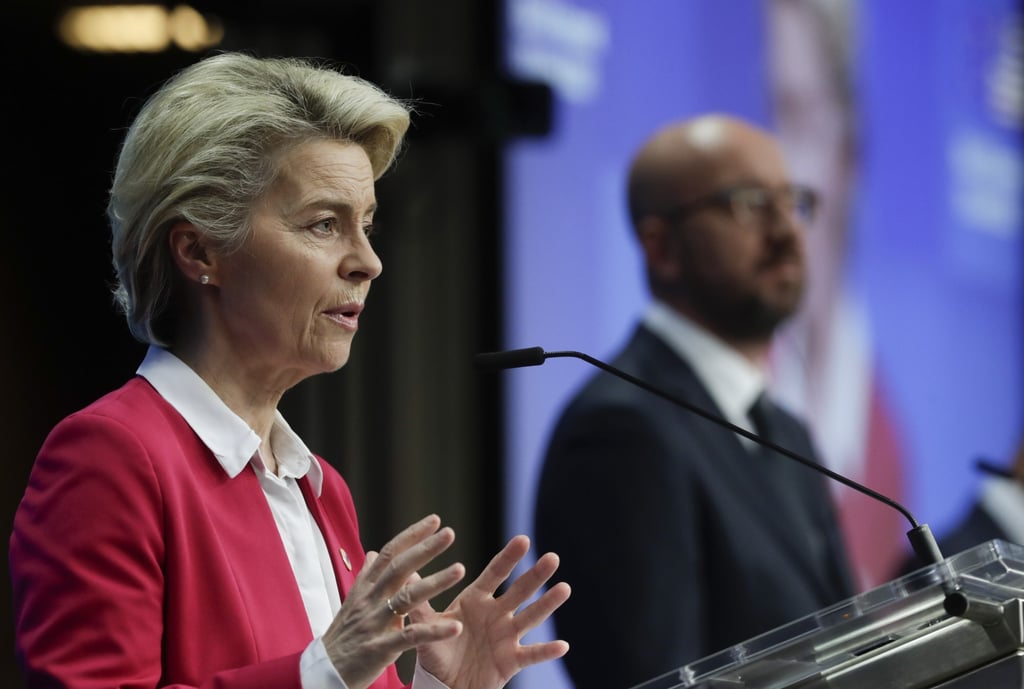 European Commission President Ursula von der Leyen, left, and European Council President Charles Michel address a press briefing at the end of the EU-US summit at the European Council in Brussels, Belgium, on June 15, 2021. Photo: EPA-EFE European Commission President Ursula von der Leyen, left, and European Council President Charles Michel address a press briefing at the end of the EU-US summit at the European Council in Brussels, Belgium, on June 15, 2021. Photo: EPA-EFE