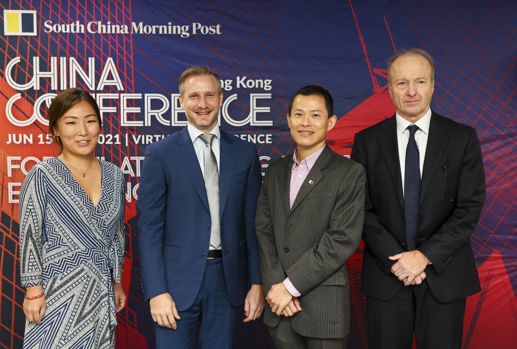 From left, Zhang Yang, director, Asia-Pacific debt origination and advisory, at Credit Agricole CIB; Gabriel Wilson-Otto, director, sustainable investing, at Fidelity International; Eric Ng, senior business reporter at the South China Morning Post; and Ashley Alder, CEO of the Securities and Futures Commission at the China Conference on Wednesday. Photo: SCMP