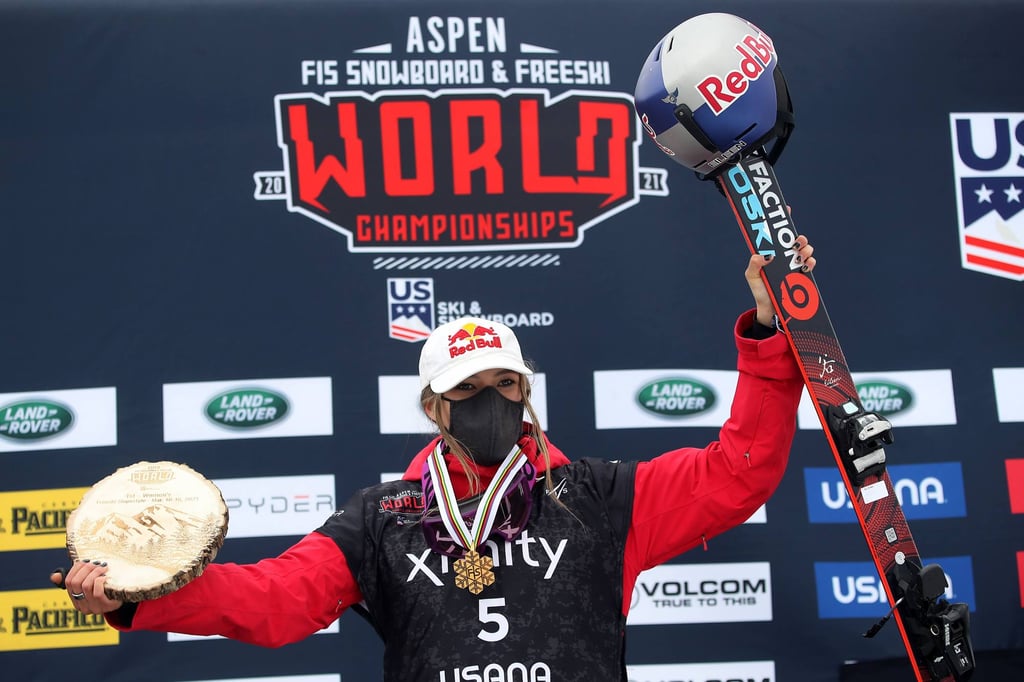 Eileen Gu Ailing of China with her medals on the podium after finishing first in the women’s freeski slopestyle final during at the 2021 FIS Snowboard and Freeski World Championship at Buttermilk Ski Resort in Aspen, Colorado in March. Photo: AFP Eileen Gu Ailing of China with her medals on the podium after finishing first in the women’s freeski slopestyle final during at the 2021 FIS Snowboard and Freeski World Championship at Buttermilk Ski Resort in Aspen, Colorado in March. Photo: AFP