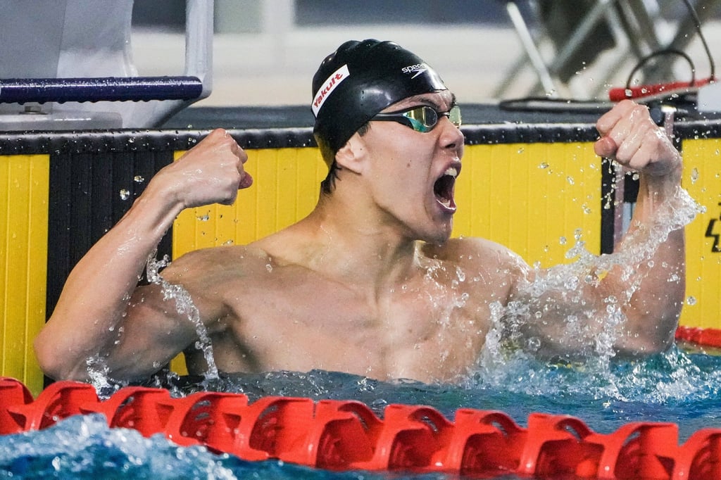 Cheuk Ming-ho is emotional after breaking the Hong Kong 200-metre freestyle record. Photo: Hong Kong Amateur Swimming Association