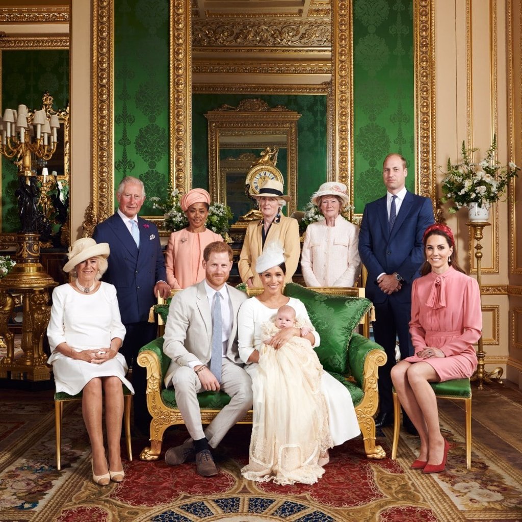 The official christening photograph with Prince Harry and Meghan, Duke and Duchess of Sussex, with their son Archie, and Camilla, Duchess of Cornwall, Prince Charles, Prince of Wales, Doria Ragland, Lady Jane Fellowes, Lady Sarah McCorquodale, Prince William, Duke of Cambridge, and Catherine, Duchess of Cambridge, in the Green Drawing Room at Windsor Castle in July 2019. Photo: EPA-EFE