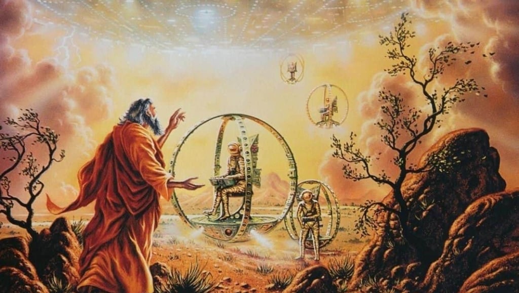 David A. Hardy’s image of Ezekiel having “visions of God” by the banks of the river Chebar (located in present-day Iraq) when he was living with Hebrew exiles. Image: David A. Hardy David A. Hardy’s image of Ezekiel having “visions of God” by the banks of the river Chebar (located in present-day Iraq) when he was living with Hebrew exiles. Image: David A. Hardy