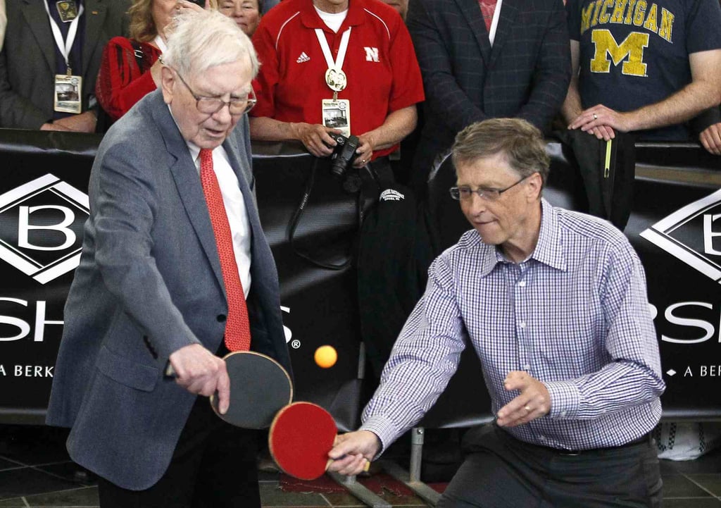 Berkshire Hathaway CEO Warren Buffett plays table tennis with Microsoft chairman Bill Gates in Omaha in May 2013 the day after Berkshire Hathaway’s annual meeting. Photo: Reuters Berkshire Hathaway CEO Warren Buffett plays table tennis with Microsoft chairman Bill Gates in Omaha in May 2013 the day after Berkshire Hathaway’s annual meeting. Photo: Reuters