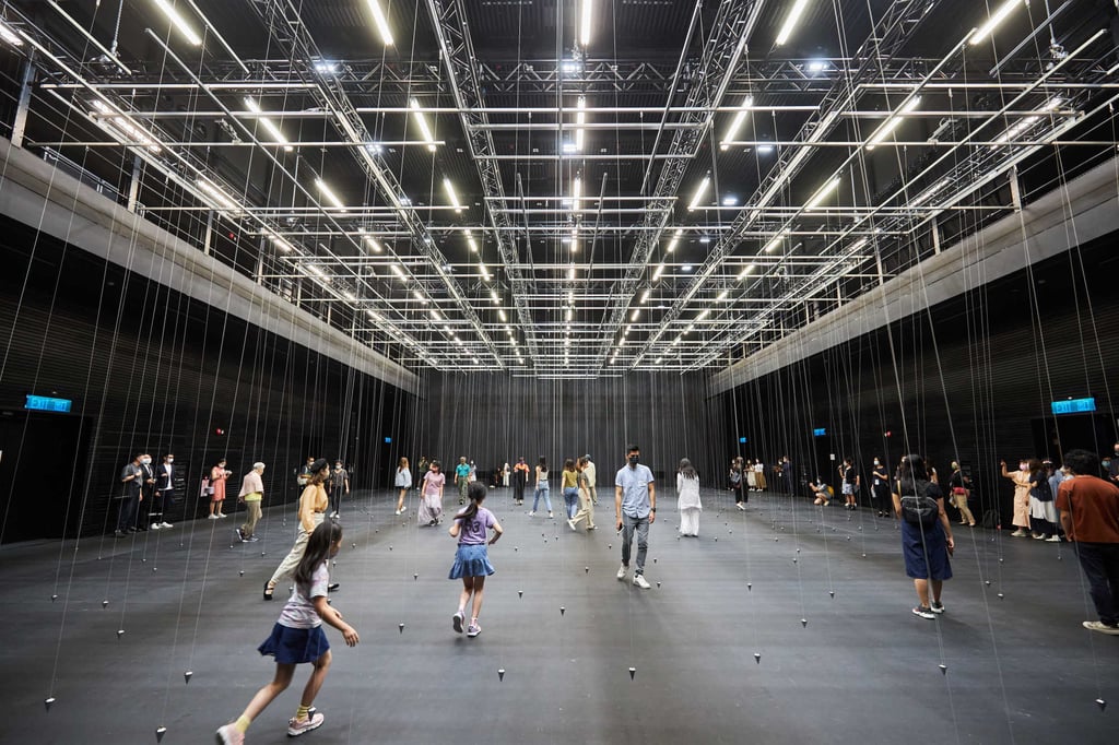 The interactive installation uses a field of moving pendulums visitors can move through to generate their own dance routines. Photo: William Forsythe/West Kowloon Cultural District Authority
