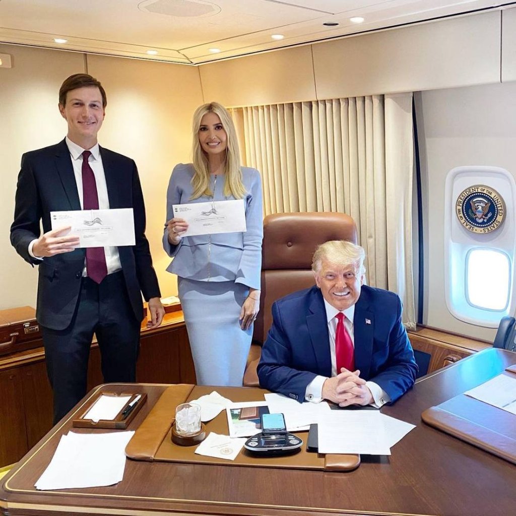 Jared Kushner, Ivanka Trump and Donald Trump on Air Force One. Photo: @ivankatrump/Instagram Jared Kushner, Ivanka Trump and Donald Trump on Air Force One. Photo: @ivankatrump/Instagram