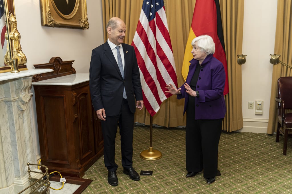 US Treasury Secretary Janet Yellen (right) meets with German Finance Minister Olaf Scholz at the Treasury Department in Washington on July 2. The Biden administration wants to end the race to the bottom in corporate tax rates – a contest that has benefited only tax havens. Photo: Bloomberg