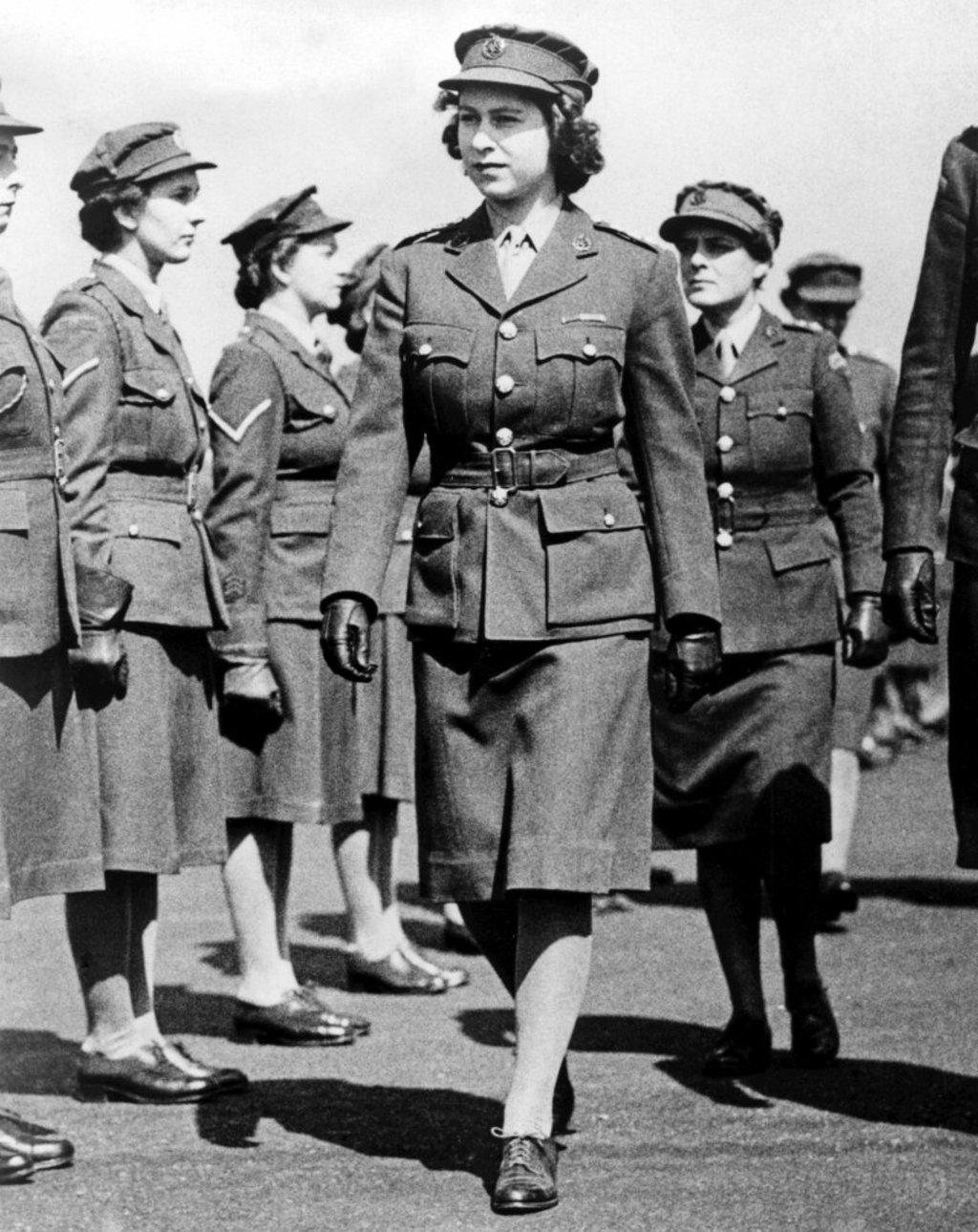 The then-Princess Elizabeth as junior commander in the ATS inspecting The Motor Transport Training Centre at Camberley, Surrey, during the Second World War in 1945. Photo: NCJ Archive/Mirrorpix via Getty Images