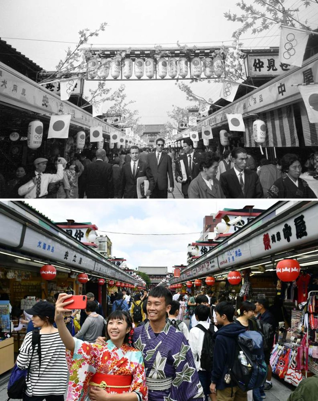 Nakamise Street in Asakusa, Tokyo, during the 1964 Olympics, and the same area in June 2017. Photo: Kyodo Nakamise Street in Asakusa, Tokyo, during the 1964 Olympics, and the same area in June 2017. Photo: Kyodo