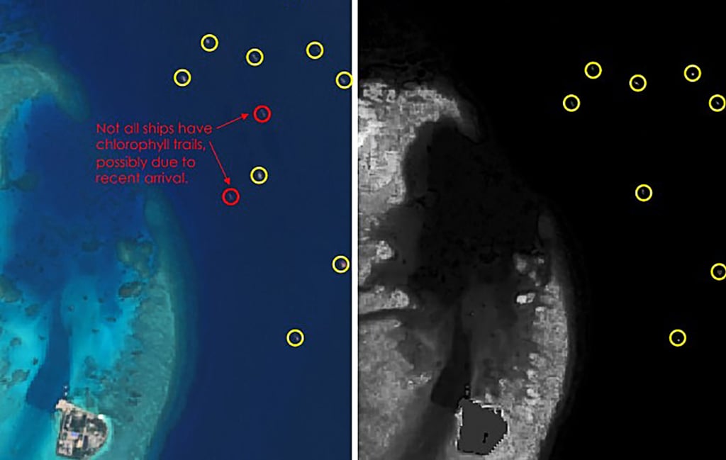 A slide from Simularity’s presentation showing ships (left) and concentration of chlorophyll-a (right) on June 17. Photo: Handout
