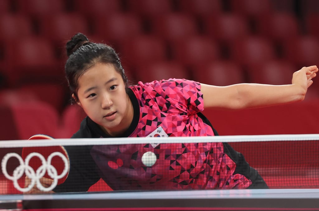 South Korean table tennis player Shin Yu-bin trains at Tokyo Metropolitan Gymnasium ahead of the Tokyo 2020 Olympic Games on July 21. Photo: YNA/DPA