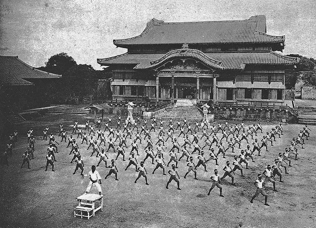 Karate training with Shinpan Gusukuma sensei at Shuri Castle in around 1938, Okinawa, Japan.