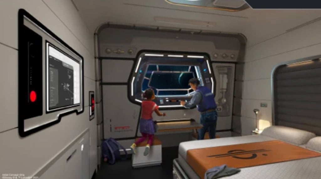 A view from the window of a standard cabin on the Starcruiser promises views ‘out into space’. Photo: @DisneyFoodBlog/Twitter A view from the window of a standard cabin on the Starcruiser promises views ‘out into space’. Photo: @DisneyFoodBlog/Twitter