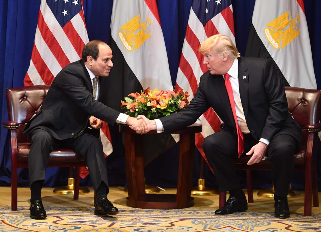 Egyptian President Abdel-Fattah el-Sisi shakes hands with former US President Donald Trump at the start of a bilateral meeting in New York, in September 2018. Photo: AFP